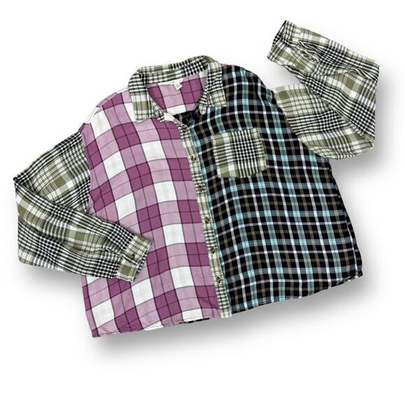 Cato Patchwork Multi Plaid Button Up Shirt XL Rayon Long Sleeve - Picture 11 of 12